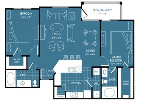 Floor plan for 2 beds, 2 baths, 1170 sqft